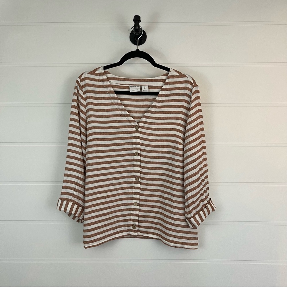 Rachel Zoe Sz L 100% Linen Striped Button Up V-neck top